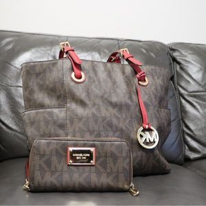 Michael Kors matching purse and wallet set. Brown with Red accent